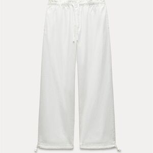 Zara ZW Loose White Drawstring Wide-Leg Tie Pants